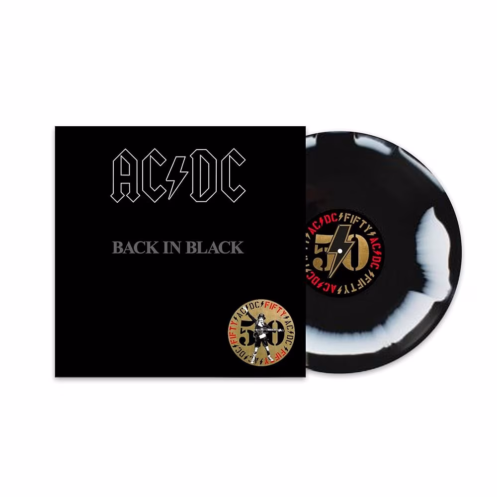 capa + disco AC/DC - Back In Black (Black & White Swirl Vinyl 50th Anniversary Edition) - Imagem 1